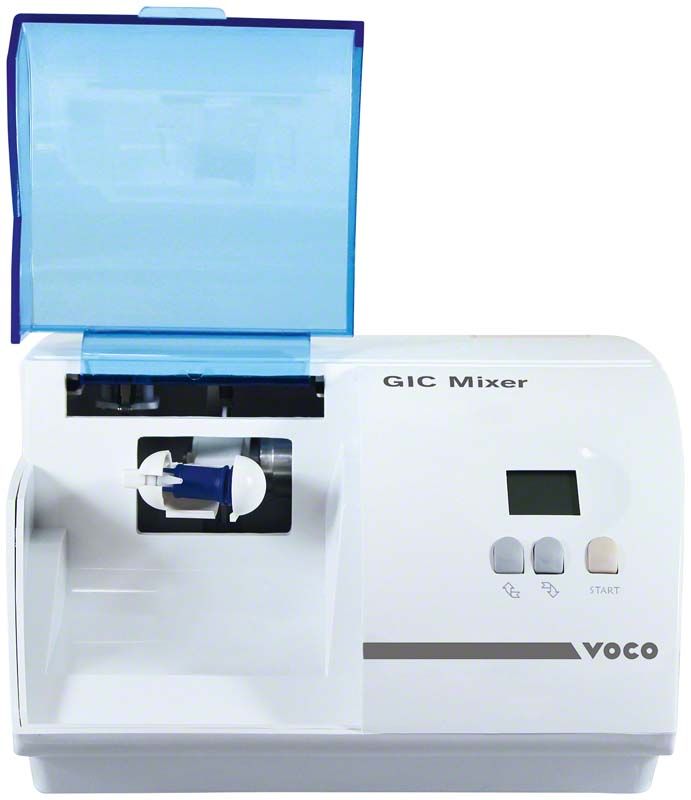 VOCO GIC Mixer mit offenem Deckel und Bedienfeld.