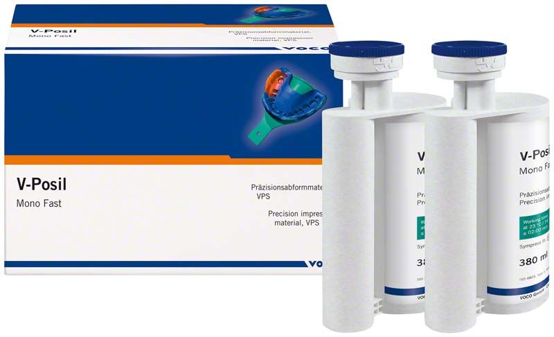 V-Posil Mono Fast Abformmaterial mit zwei 380ml Kartuschen und Verpackung.