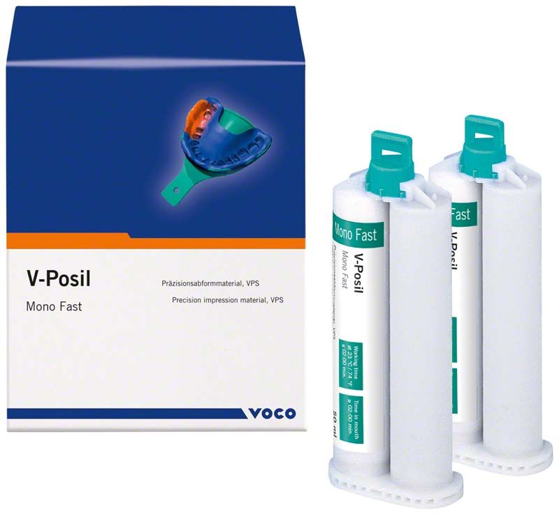V-Posil Mono Fast Einphasenabformmaterial, zwei Kartuschen, Verpackung und Produktansicht.