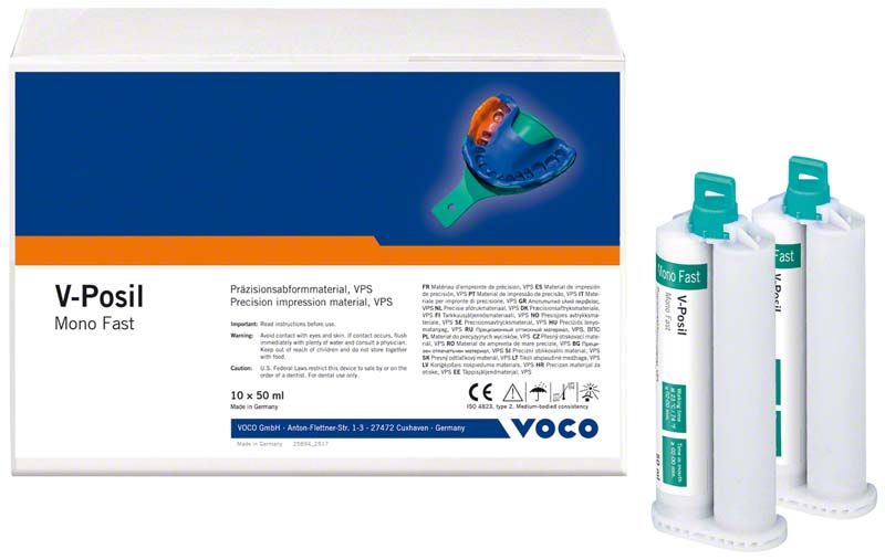 V-Posil Mono Fast 10 x 50ml Abformmaterial-Verpackung mit zwei Kartuschen.