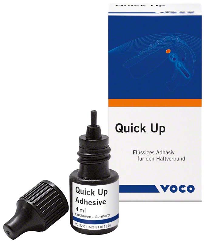 Quick Up® Adhesive 4 ml Flasche und Verpackung mit Produktinformationen.