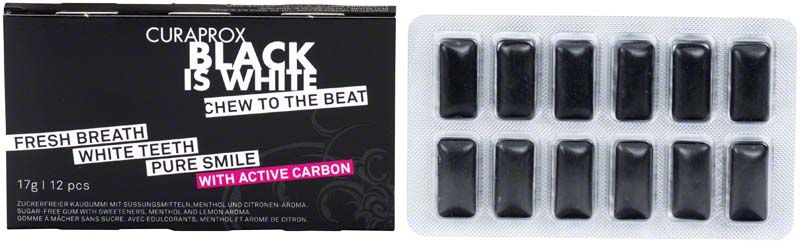 CURAPROX Black Is White Zahnpflege-Kaugummi mit Aktivkohle in Blisterpackung.
