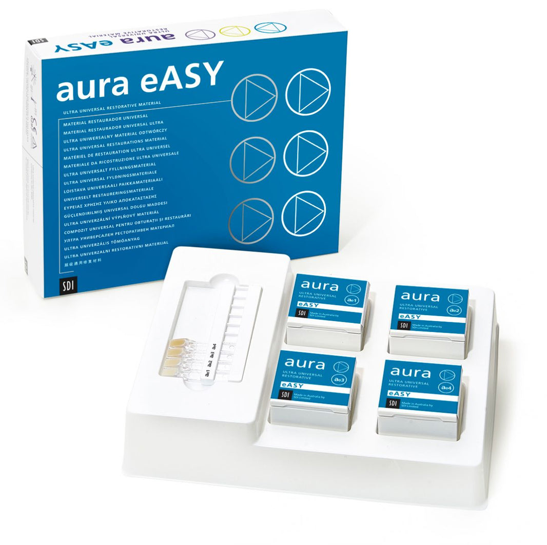 Aura eASY Spritzen Kit mit blauer Verpackung und vier Kartons auf weißem Tablett.