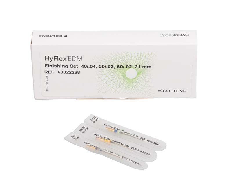 HyFlex™ EDM Finishing Set 21mm in geöffneter Verpackung mit drei Feilen.