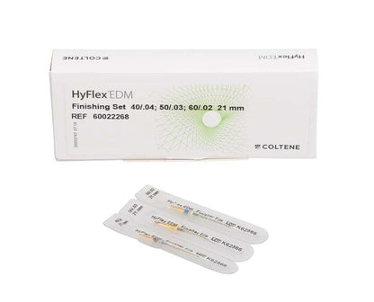 HyFlex™ EDM Finishing Set 21mm in geöffneter Verpackung mit drei Feilen.