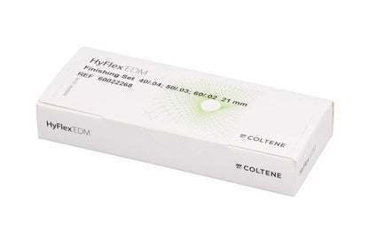 HyFlex™ EDM Finishing Set 21mm in geschlossener Verpackung mit Produktdetails.