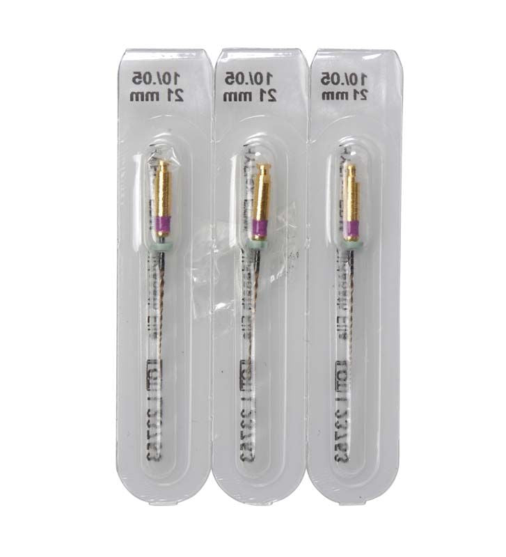 HyFlex™ EDM Niti-Feilen 21mm in Blisterverpackung, drei Feilen nebeneinander.