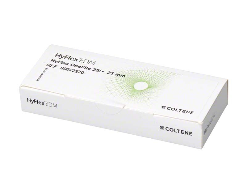 HyFlex™ EDM OneFile 25/21mm in weißer Verpackung mit grüner Grafik.