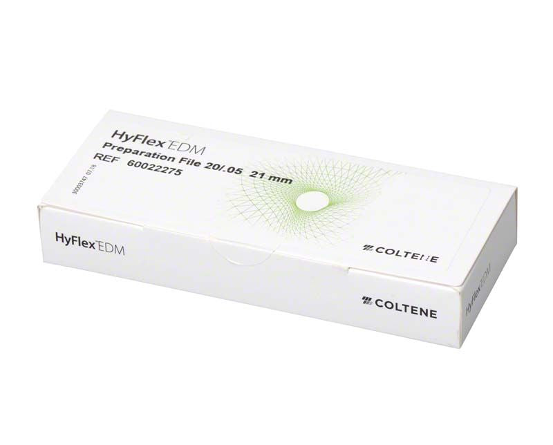 Verpackung der HyFlex™ EDM Niti-Feilen 21mm mit Produktdetails.