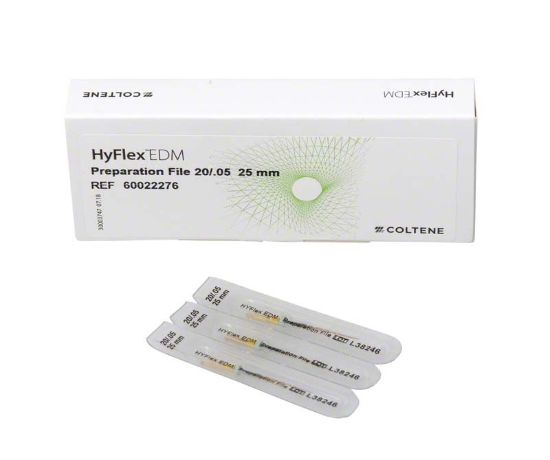 HyFlex™ EDM NiTi-Feilen 25mm mit Verpackung und drei Feilen sichtbar.