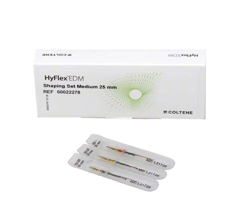 HyFlex™ EDM Shaping Set Medium 25mm mit Verpackung und drei NiTi-Feilen.