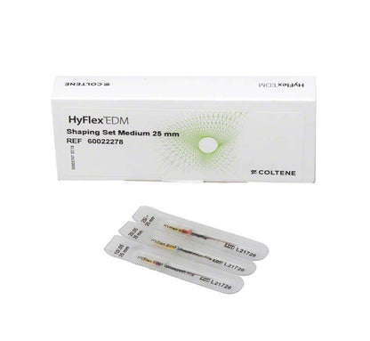 HyFlex™ EDM Shaping Set Medium 25mm mit Verpackung und drei NiTi-Feilen.