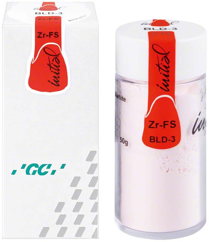GC Initial Zr-FS Bleach Dentin, 50g Behälter neben Verpackung.