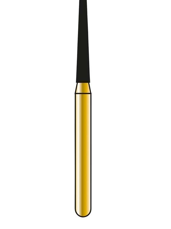 Nahaufnahme des DIATECH Speedster FG S847 014 Zahnarztbohrers mit goldener Beschichtung.