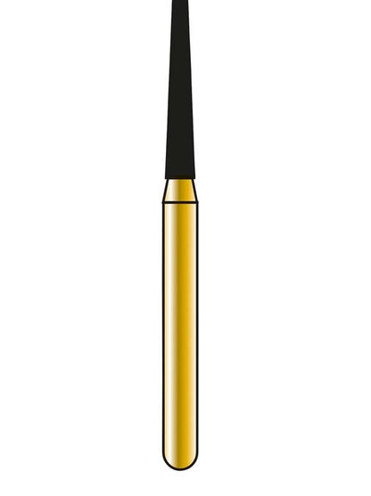 Nahaufnahme des DIATECH Speedster FG S847 014 Zahnarztbohrers mit goldener Beschichtung.