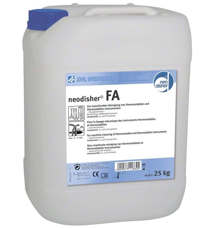 Kunststoffkanister mit neodisher® FA 25 Liter Flüssigkonzentrat für Dentalreinigung.