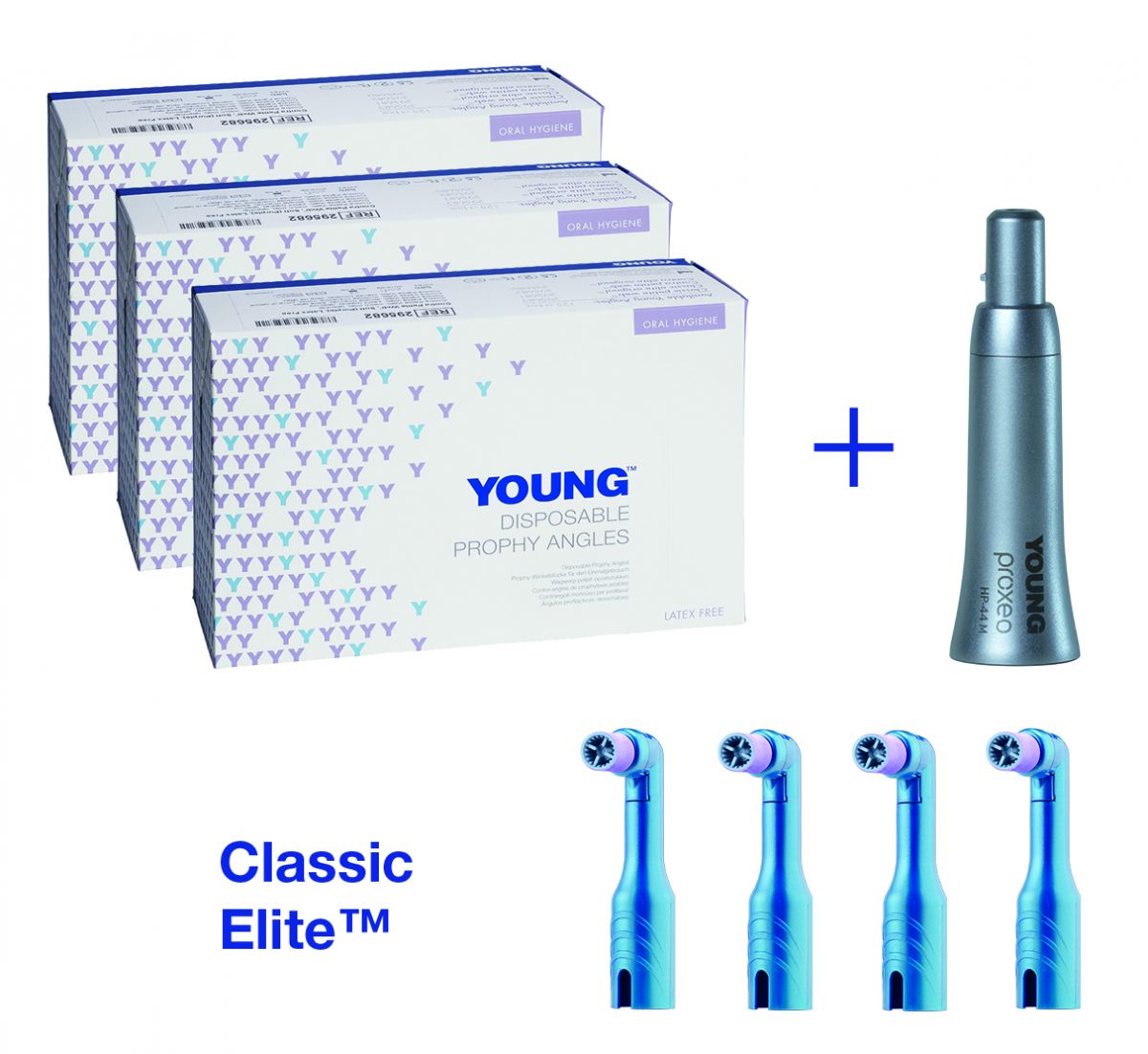 YOUNG™-Proxeo Starter Kit mit Handstück und Einwegwinkelstücken.