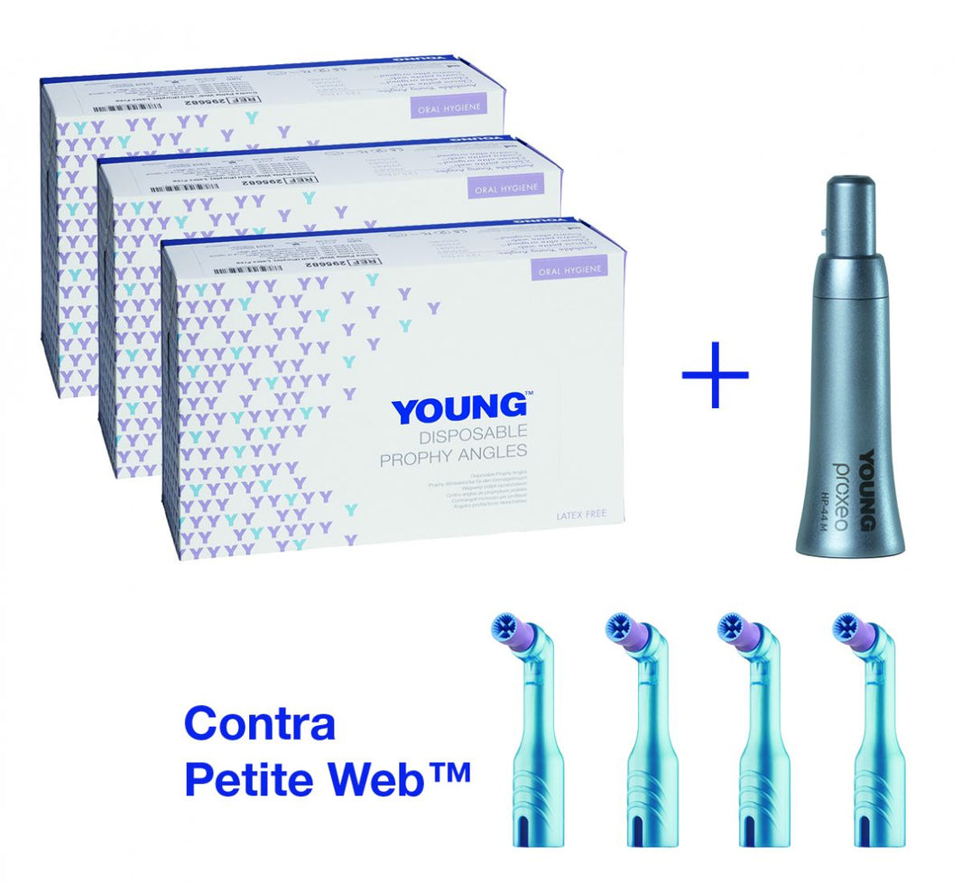YOUNG™-Proxeo Starter Kit mit drei Packungen Einweg-Prophy-Winkelstücke und Handstück.