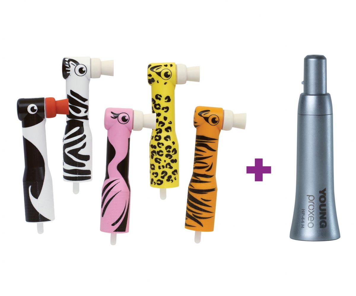 Zooby® Starter Kit mit bunten zahnärztlichen Handstücken und Polierer.