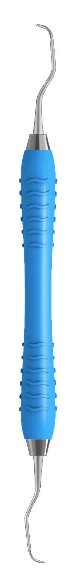 Zahnkürette GRACEY 5-6 mit hellblauem Griff und gebogenen Enden.