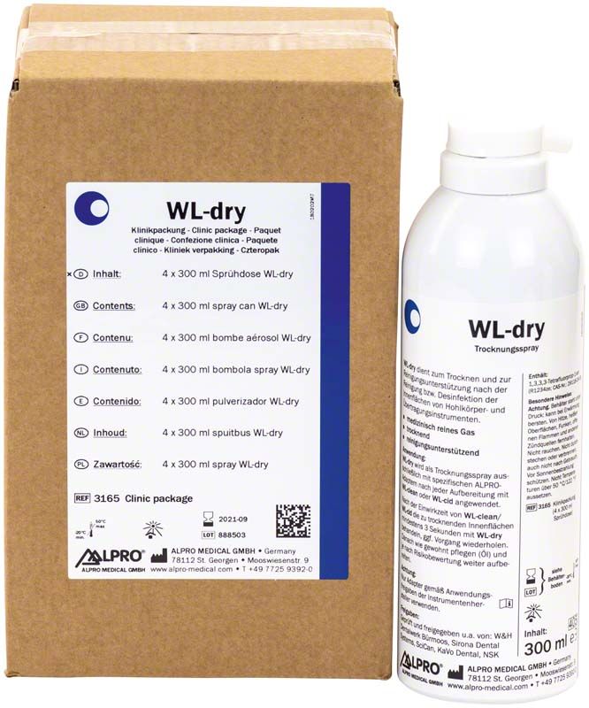 Klinikpackung WL-dry Trocknungsspray mit Verpackung und Spraydose.