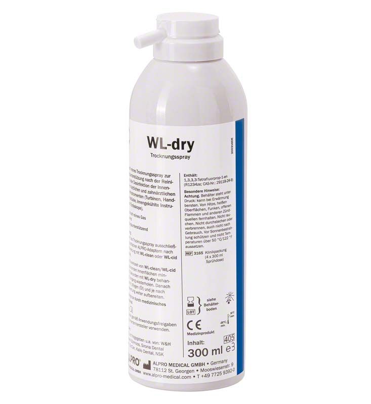 WL-dry Trocknungssprayflasche mit detaillierter Inhaltsangabe auf weißem Hintergrund.