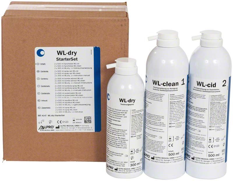 WL-dry Starterpackung mit drei Sprühflaschen und Kartonverpackung.