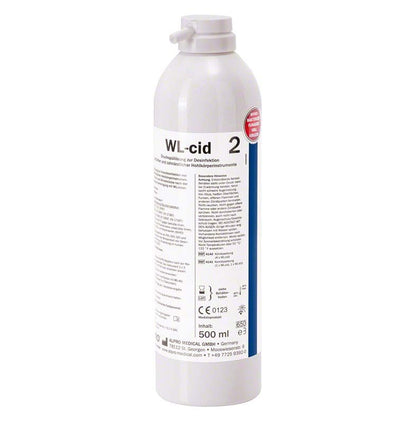 WL-cid Desinfektionslösung in weißer Flasche mit Etikettendetails.