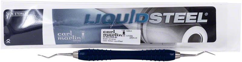 Ergonomischer Universalscaler mit Hohlgriff aus LiquidSteel-Silikon in Verpackung.