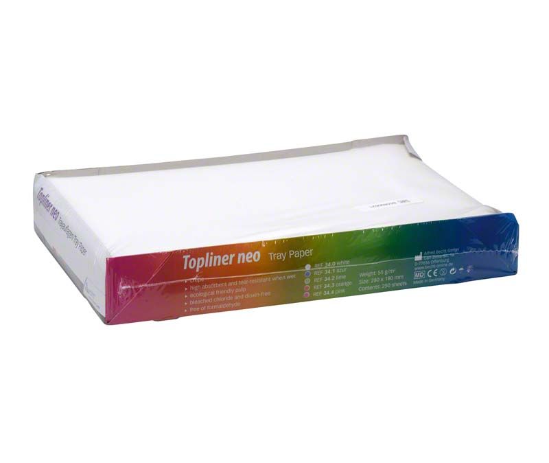 Topliner neo Traypapier in bunter Verpackung mit Produktinformationen.