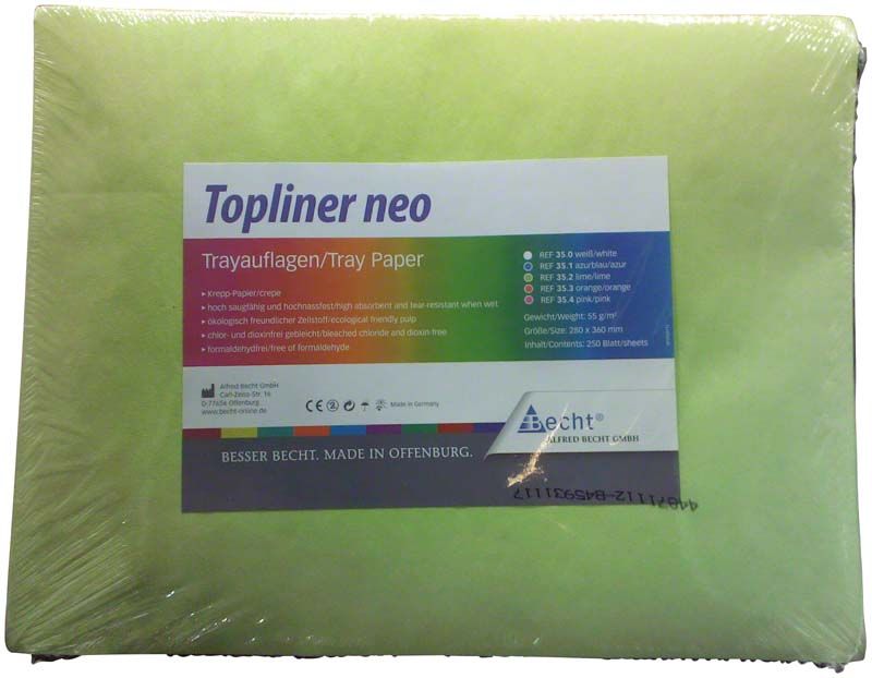 Topliner neo Traypapier in limegrüner Farbe mit Verpackungsetikett.