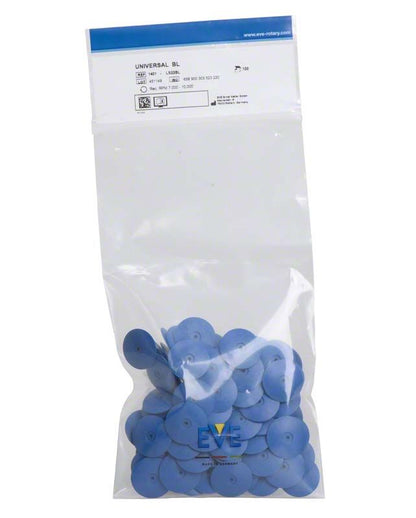 Transparente Verpackung mit blauen EVE UNIVERSAL Dentalpolierern, 100 Stück.