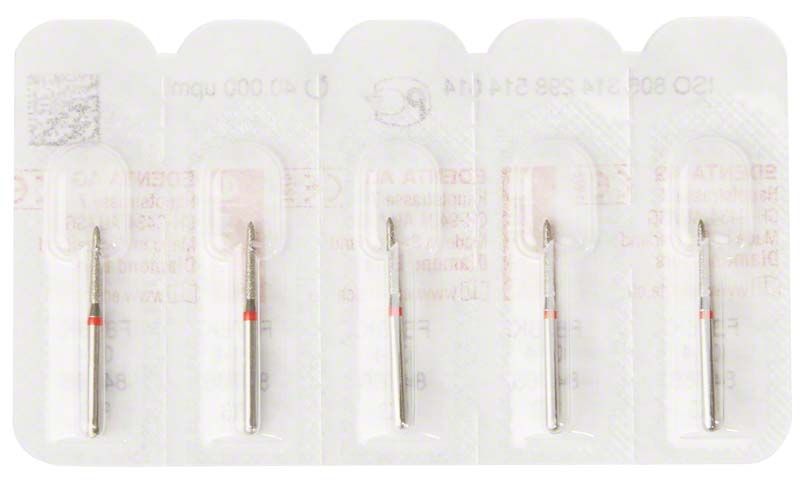 Fünf Diamant FG 878KF 014 Dentalbohrer in Blisterverpackung.
