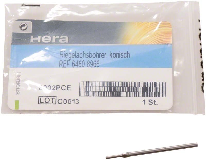 Heraeus Drehriegel-Bausatz mit konischem Riegelachsbohrer in Verpackung.