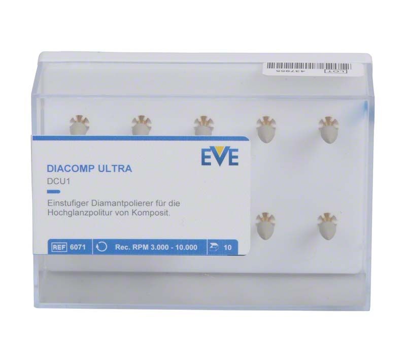 Kunststoffbox mit 10 EVE DIACOMP® ultra Flamme Polierern für Zahntechnik.