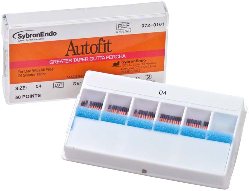 Autofit Guttaperchaspitzen .04 in geöffneter Verpackung mit Etikettierung.