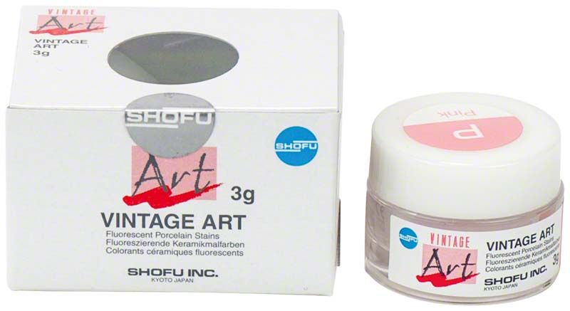 Keramikfarbstoff "Vintage Art Base Color Stains P" in rosa Verpackung mit Glasbehälter.