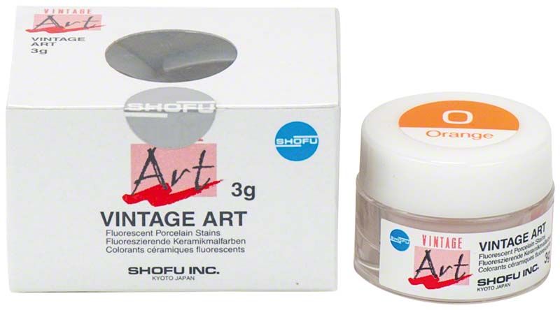 Vintage Art Base Color Stains O (Orange) in Verpackung und Tiegel.