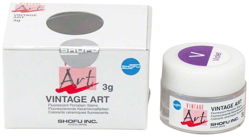 Vintage Art Basisfarbstoff V (Violet) in Verpackung und Tiegel.
