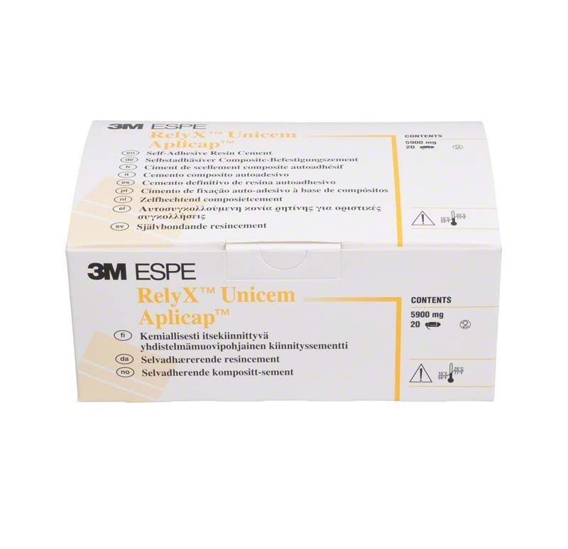 3M RelyX Unicem Aplicap Verpackung mit Produktinformationen und 20er Inhalt.