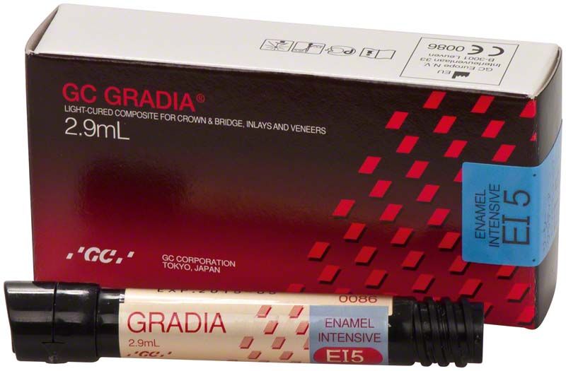 Gradia Enamel Intensive EI5 Verpackung und Tube mit 2,9 ml Inhalt.