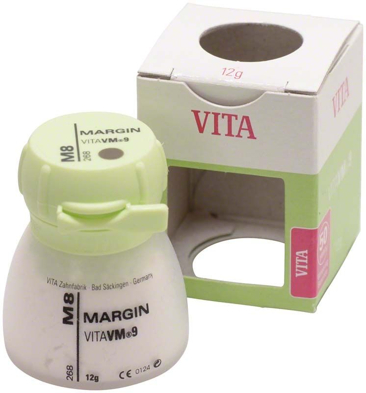 M8 Zahnfarbpulver in Kunststoffdose mit Verpackung VITA VM9 Margin 12g.