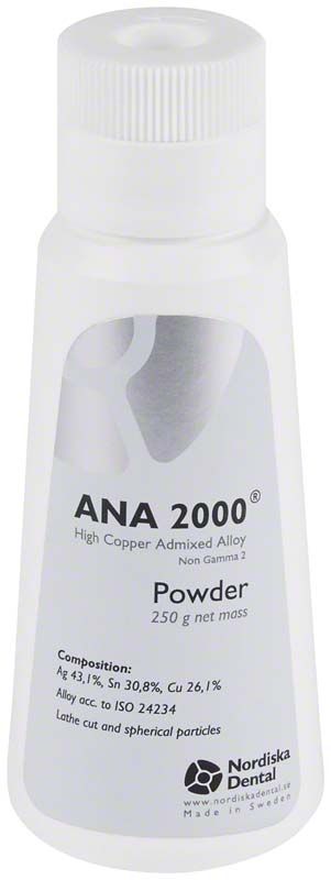 ANA 2000 Dentallegierungspulver 250g Flasche mit Etikett und Zusammensetzung.