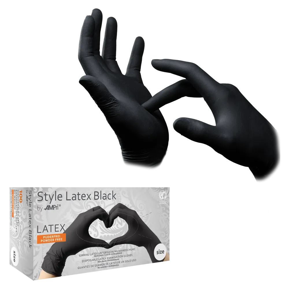 Latexhandschuhe Style Black in Schwarz mit Verpackung und Herzform-Geste.