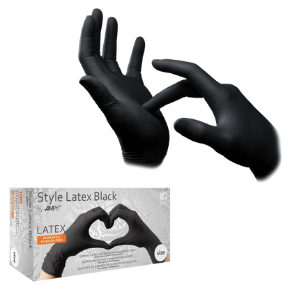 Latexhandschuhe Style Black in Schwarz mit Verpackung und Herzform-Geste.