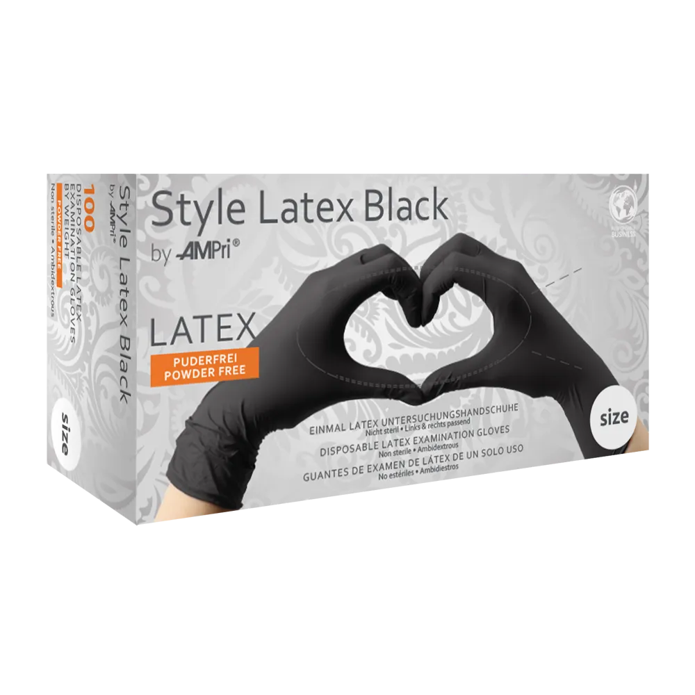 Latex-Untersuchungshandschuhe Style Black in schwarzer Verpackung.