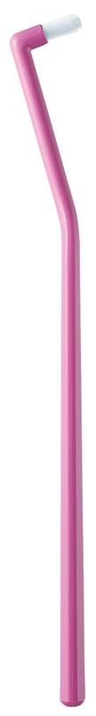 Rosa CURAPROX Handzahnbürste für Zahnspangen mit gebogenem Griff.
