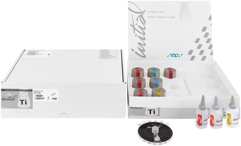 GC Initial Ti Sets Bleach Shade Set mit Farbtönen und Zubehör in geöffneter Verpackung.
