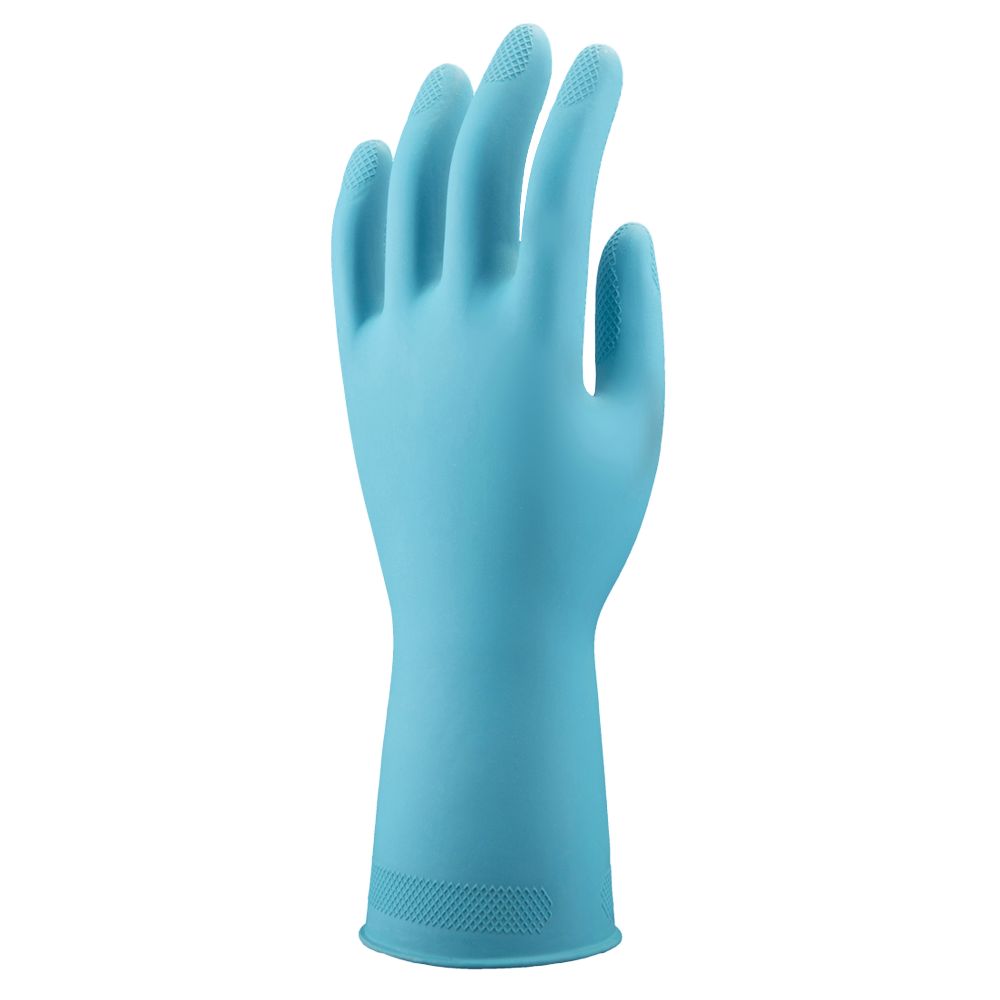 Blauer Einweghandschuh in mittlerer Größe.