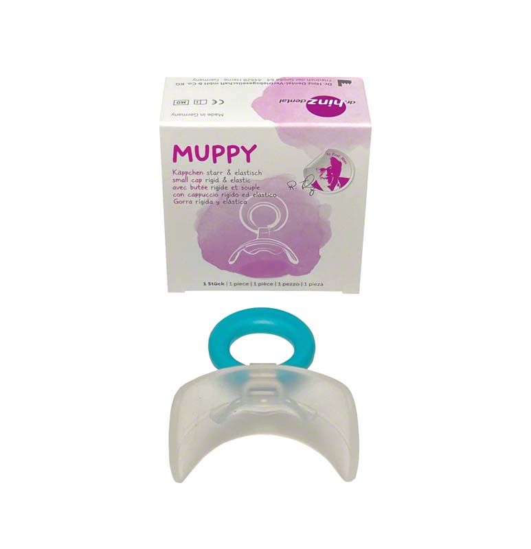 MUPPY® Käppchen Gr. 2, transparent mit elastischem Ring, vor Produktverpackung.